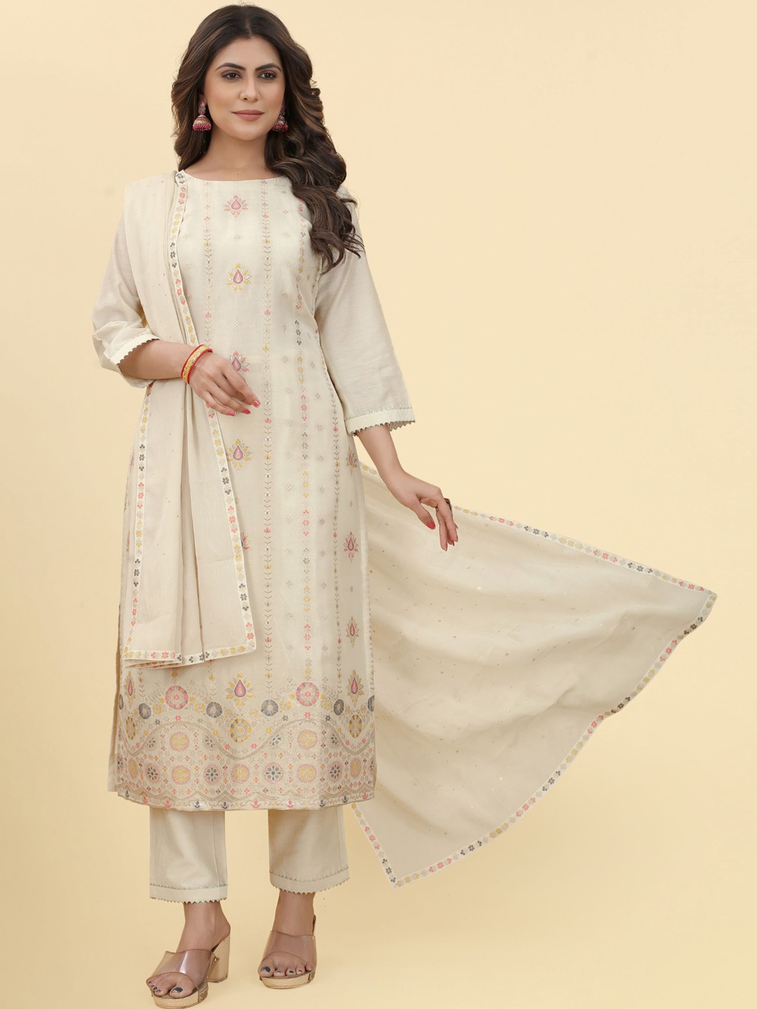 

KALINI Ethnic Motifs Woven Design Pure Silk Kurta with Trousers & Dupatta, Beige