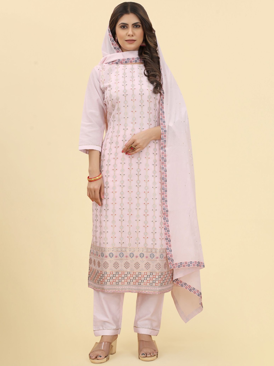 

KALINI Ethnic Motifs Embroidered Pure Silk Kurta With Trousers & Dupatta, Pink