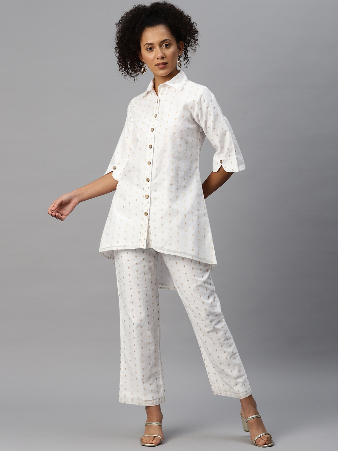 

Cottinfab Women Self Design Tunic With Trousers, Off white