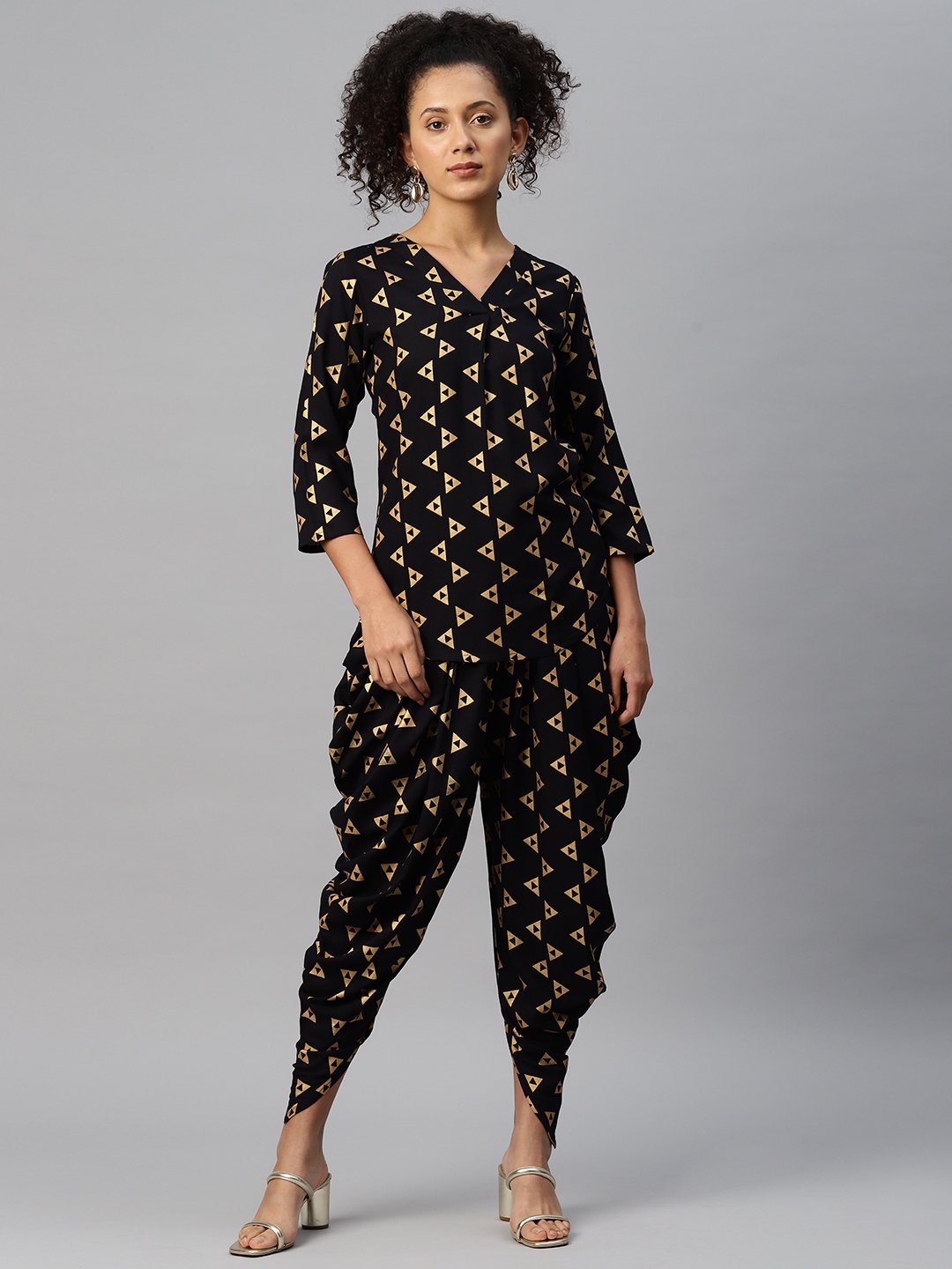 

Cottinfab Women Printed Top With Dhoti Pants, Black