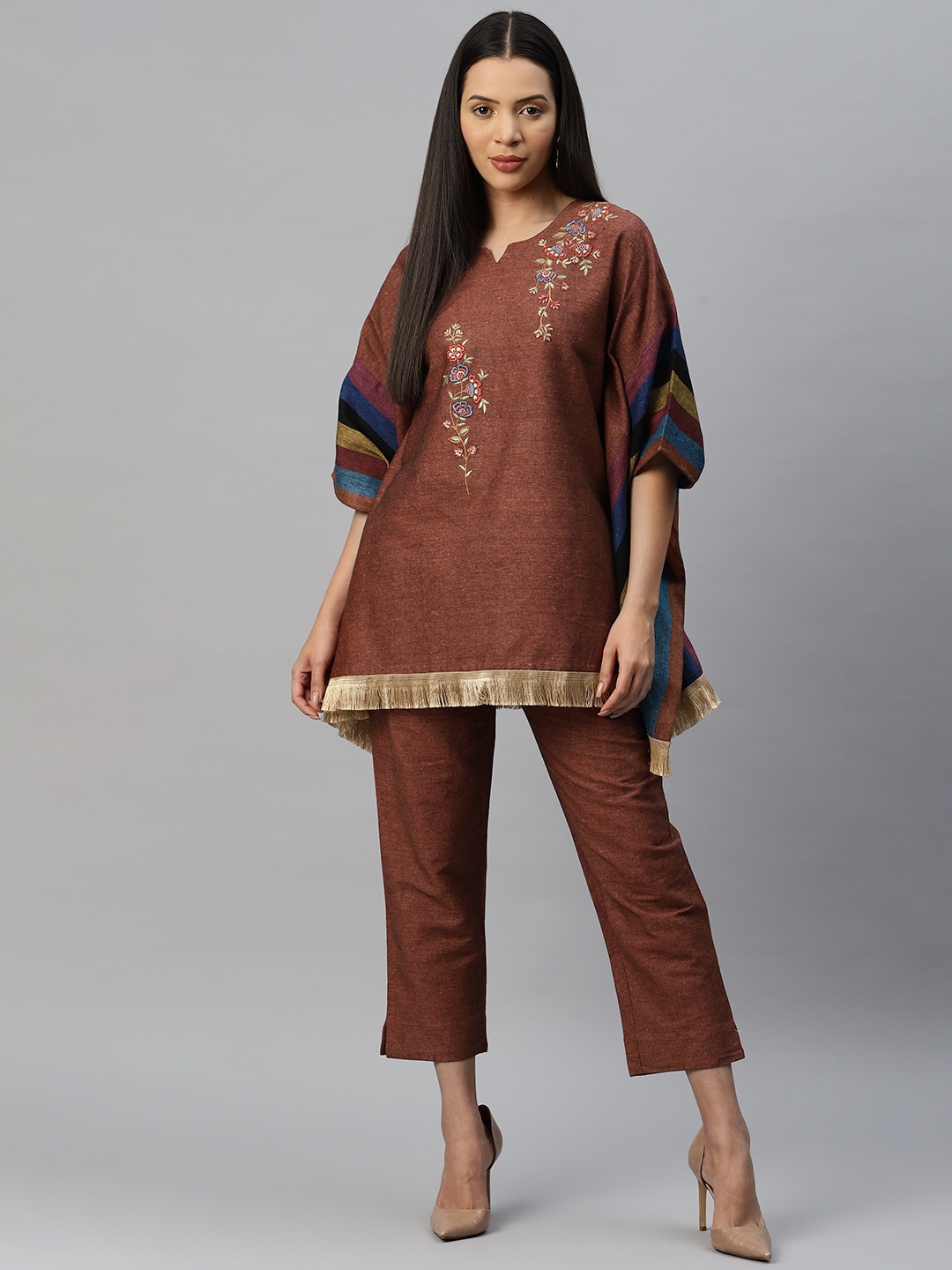 

Cottinfab Embroidered Cotton Kaftan Top with Trouser, Rust