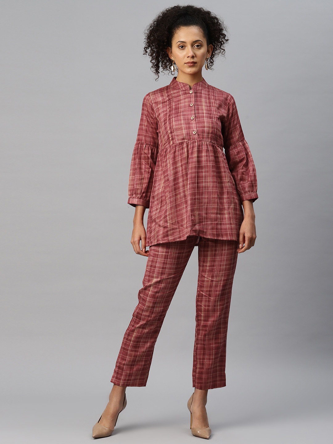 

Cottinfab Women Checkered Mandarin Collar Shirt and Trouser, Red