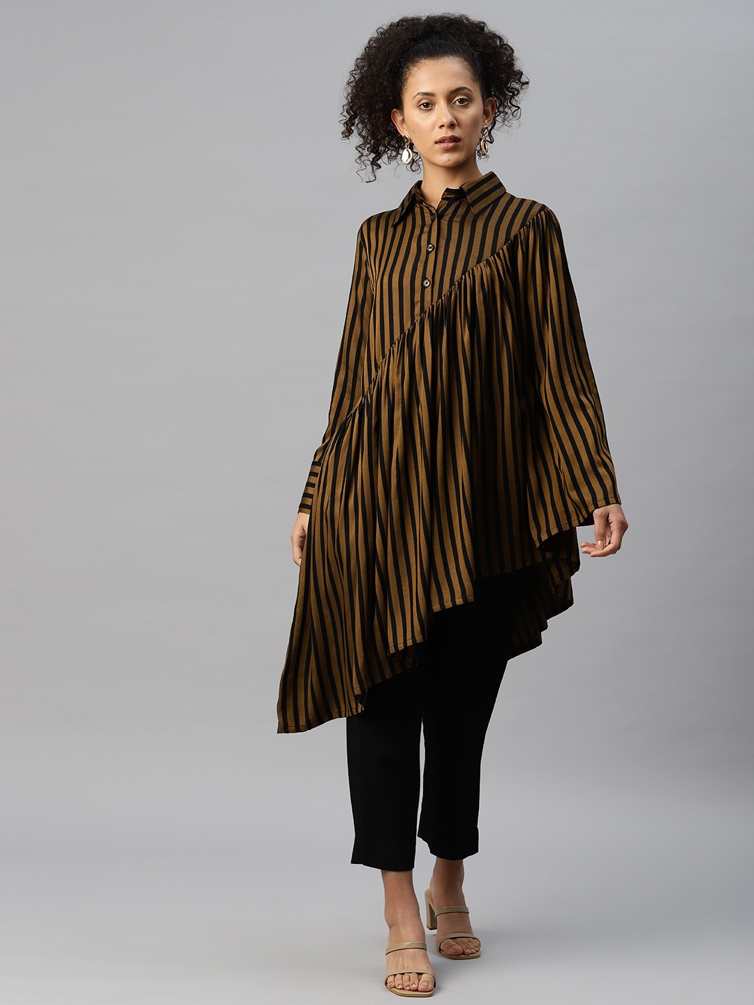 

Cottinfab Women Striped Shirt Collar Tunic and Trouser, Black