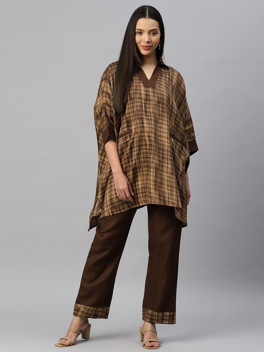 

Cottinfab Checked Kaftan Top and Trouser, Brown