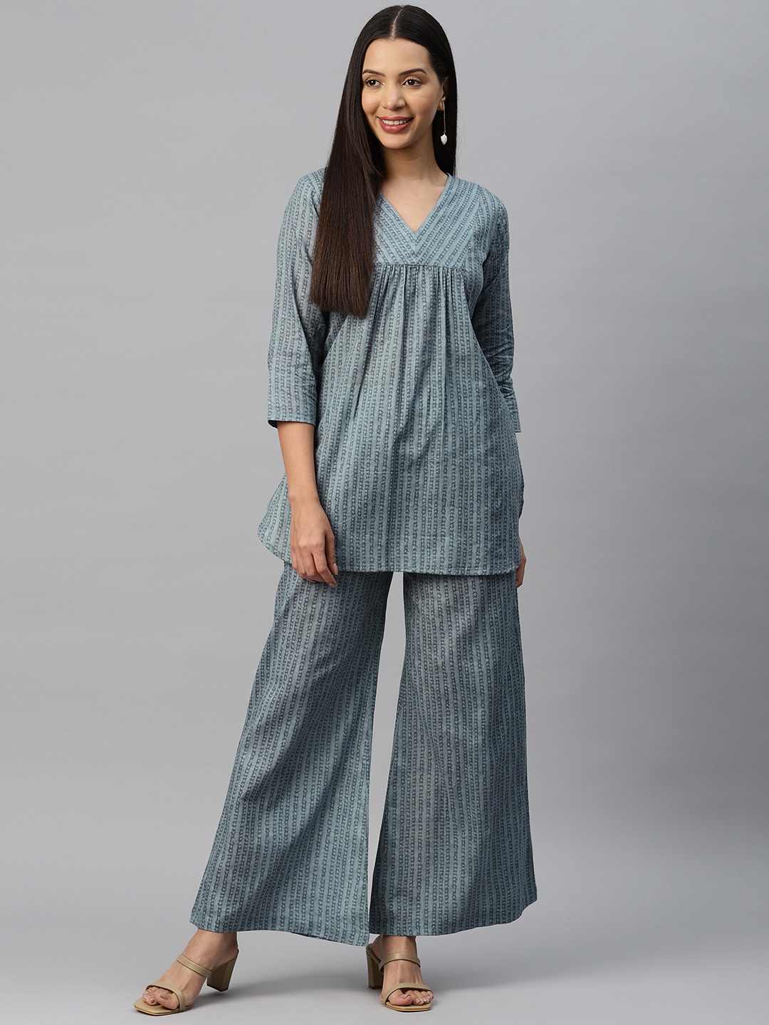 

Cottinfab Printed Cotton Tunic with Palazzos, Grey