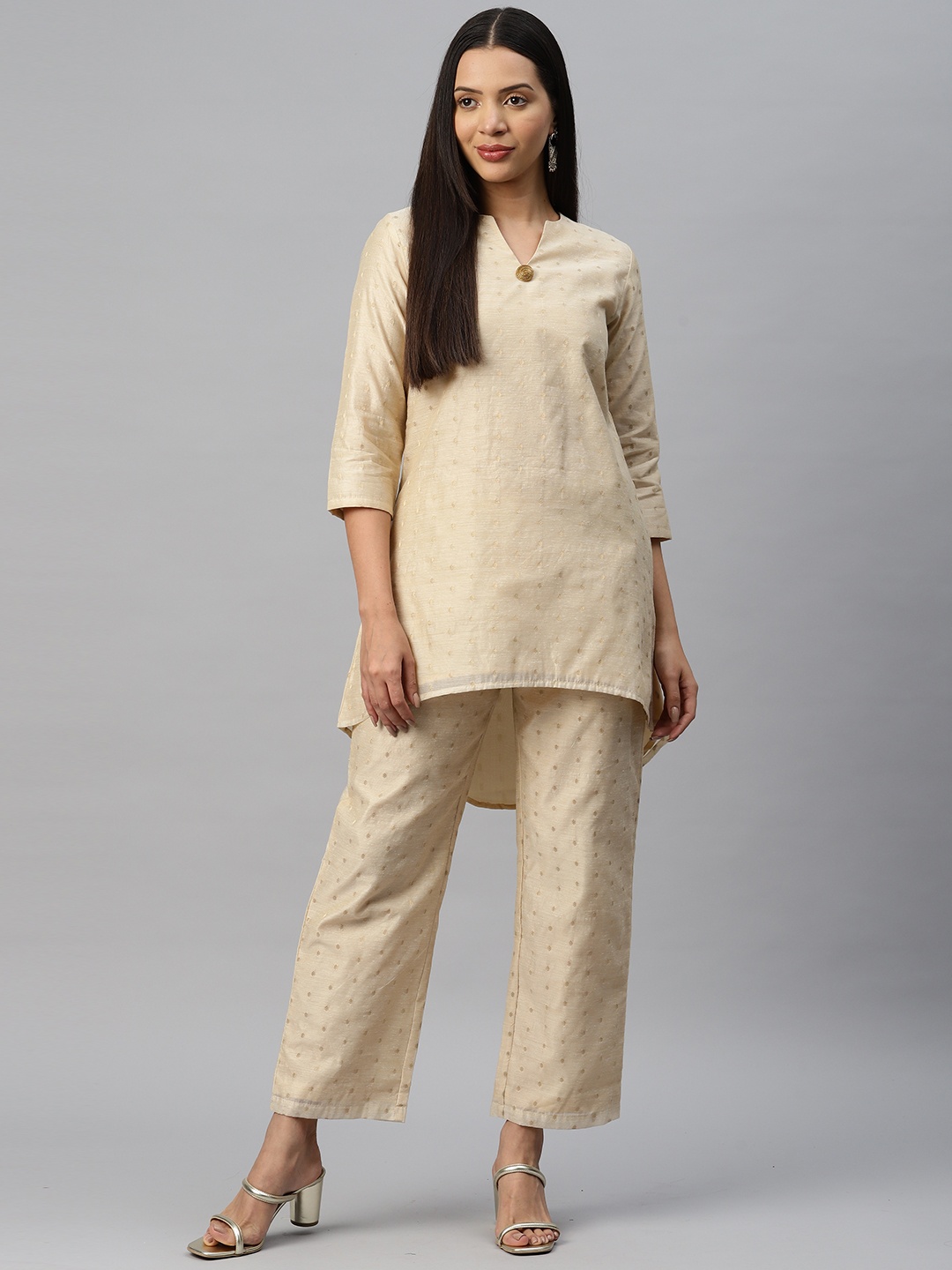 

Cottinfab Embroidered Silk Blend Tunic and Trouser, Beige