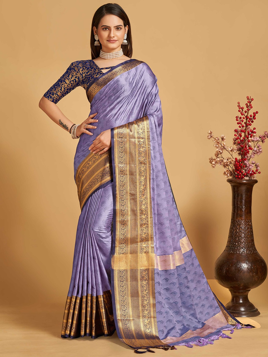 

Mitera Ethnic Motif Silk Cotton Banarasi Zari Saree With Tassle, Purple