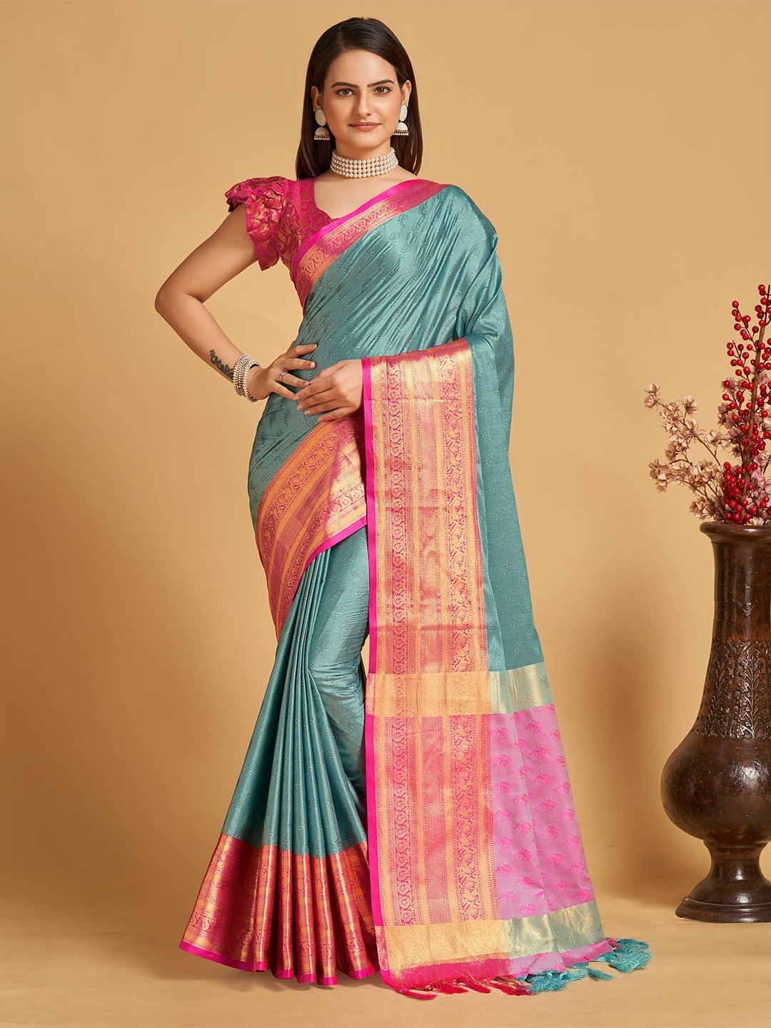 

Mitera Ethnic Motif Silk Cotton Banarasi Zari Saree With Tassle, Blue
