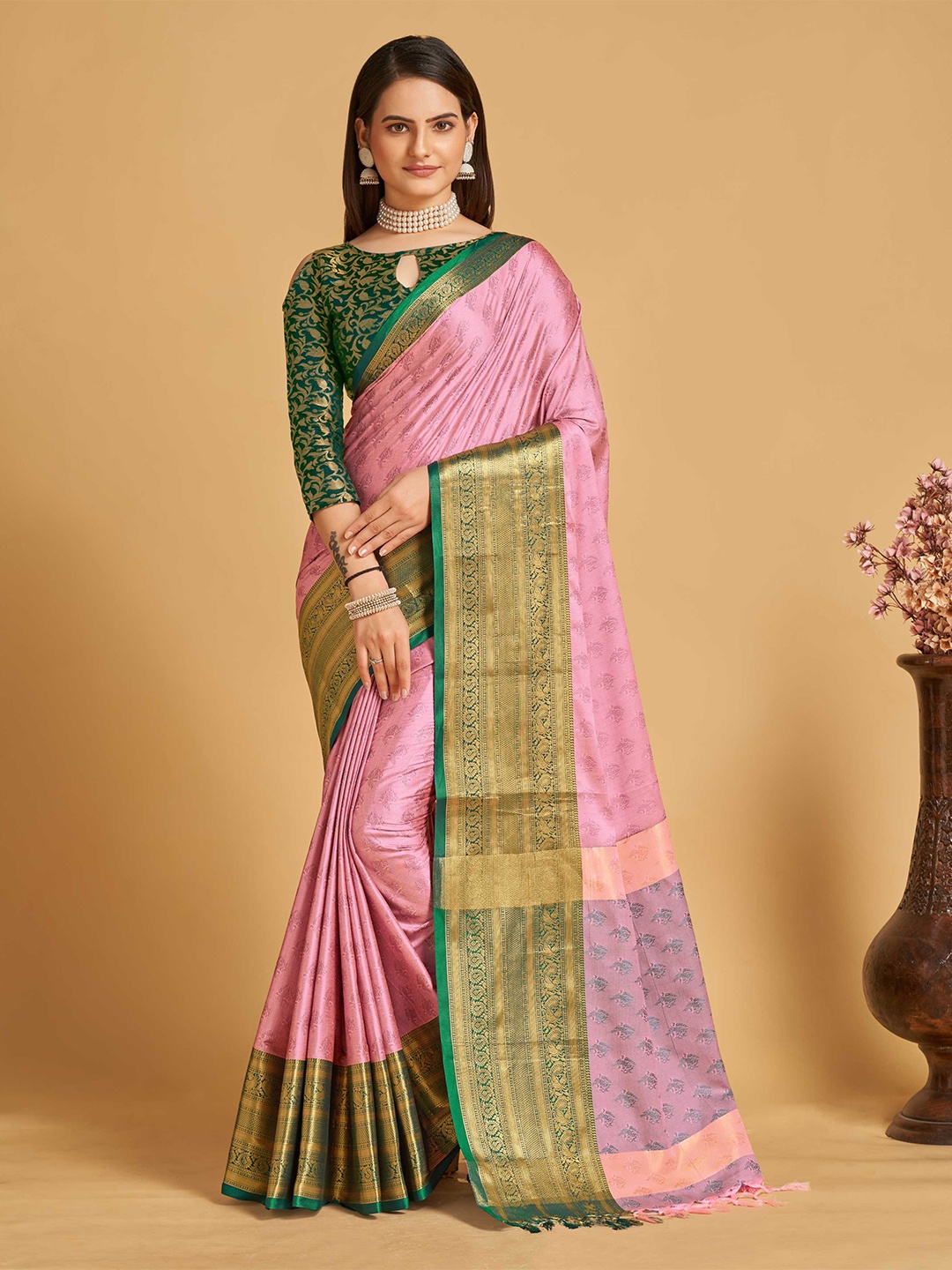 

Mitera Ethnic Motif Silk Cotton Banarasi Zari Saree With Tassle, Pink