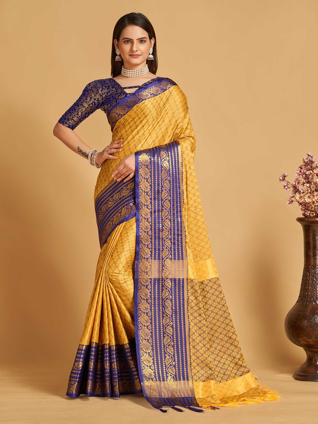 

Mitera Yellow & Navy Blue Ethnic Woven Design Zari Silk Cotton Banarasi Saree