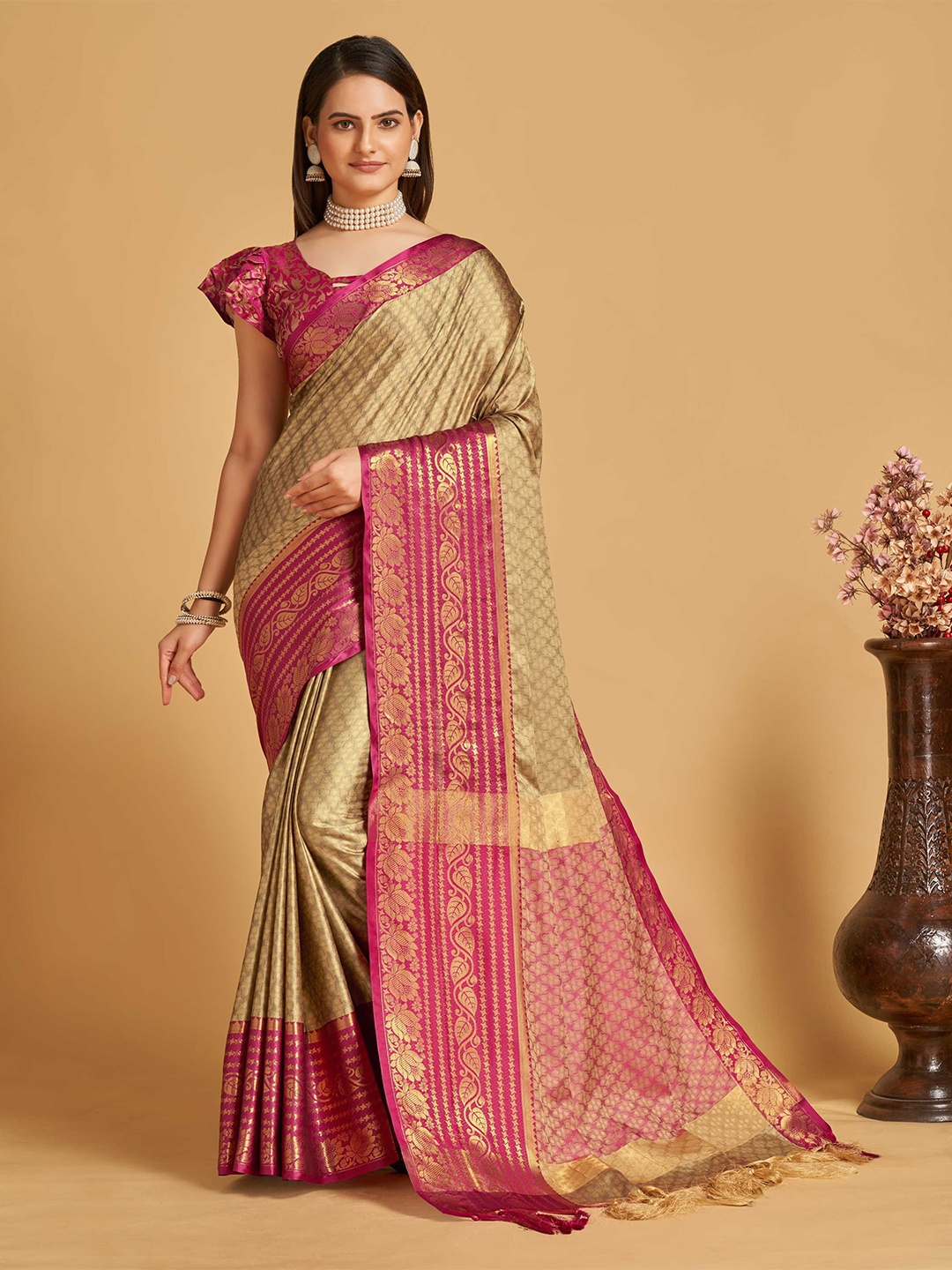 

Mitera Beige & Pink Ethnic Woven Design Zari Silk Cotton Banarasi Saree