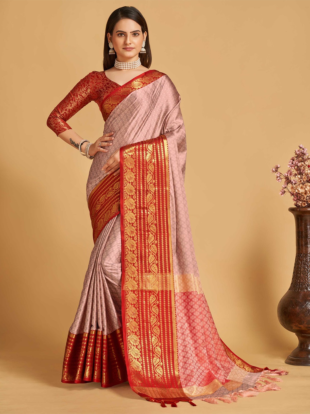 

Mitera Peach-Coloured & Red Ethnic Woven Design Zari Silk Cotton Banarasi Saree