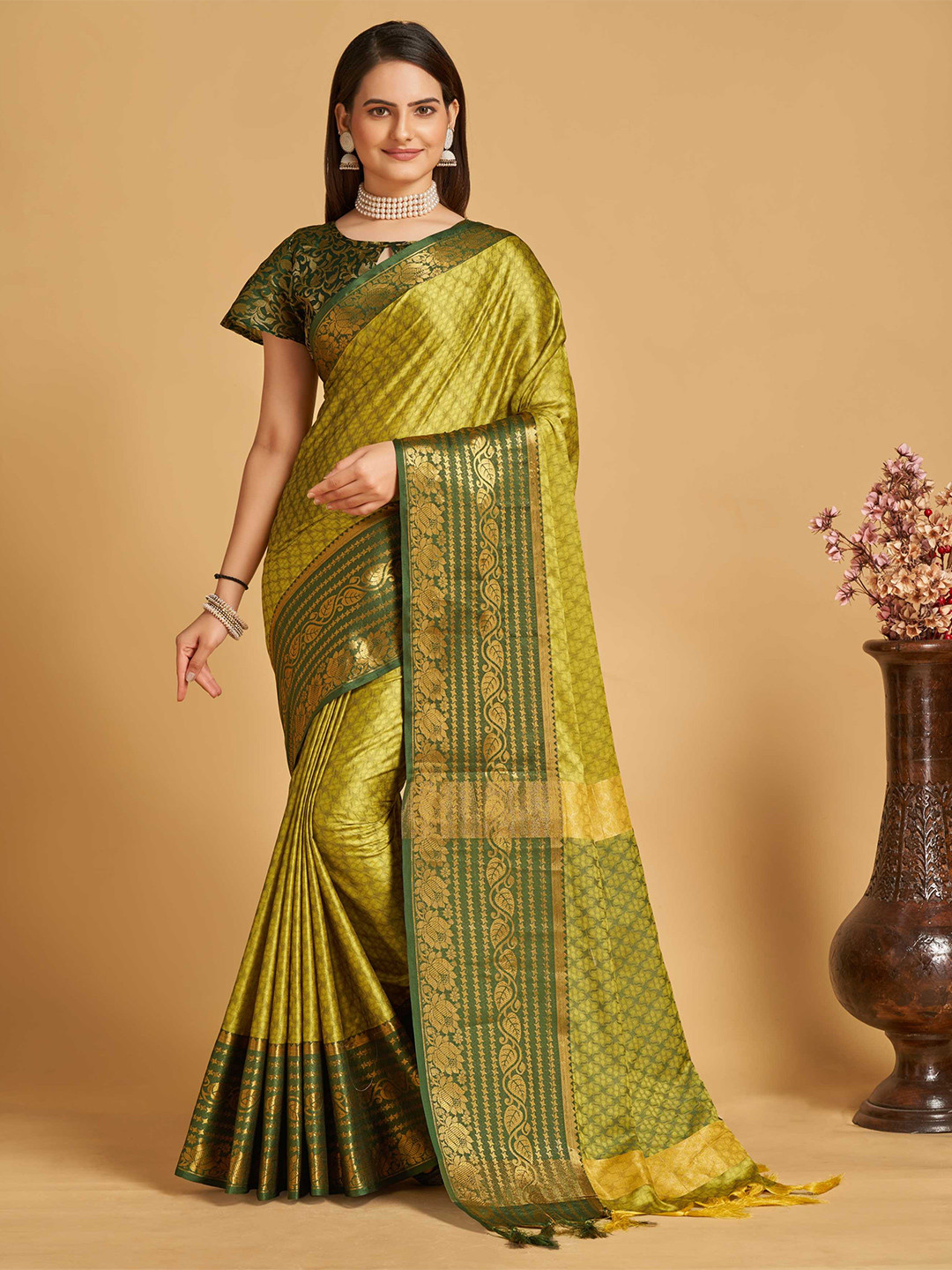 

Mitera Olive Green & Gold-Toned Ethnic Woven Design Zari Silk Cotton Banarasi Saree