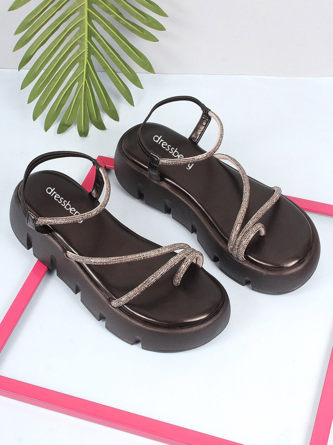 

DressBerry Black Embellished Open Toe Flatform Heels With Backstrap