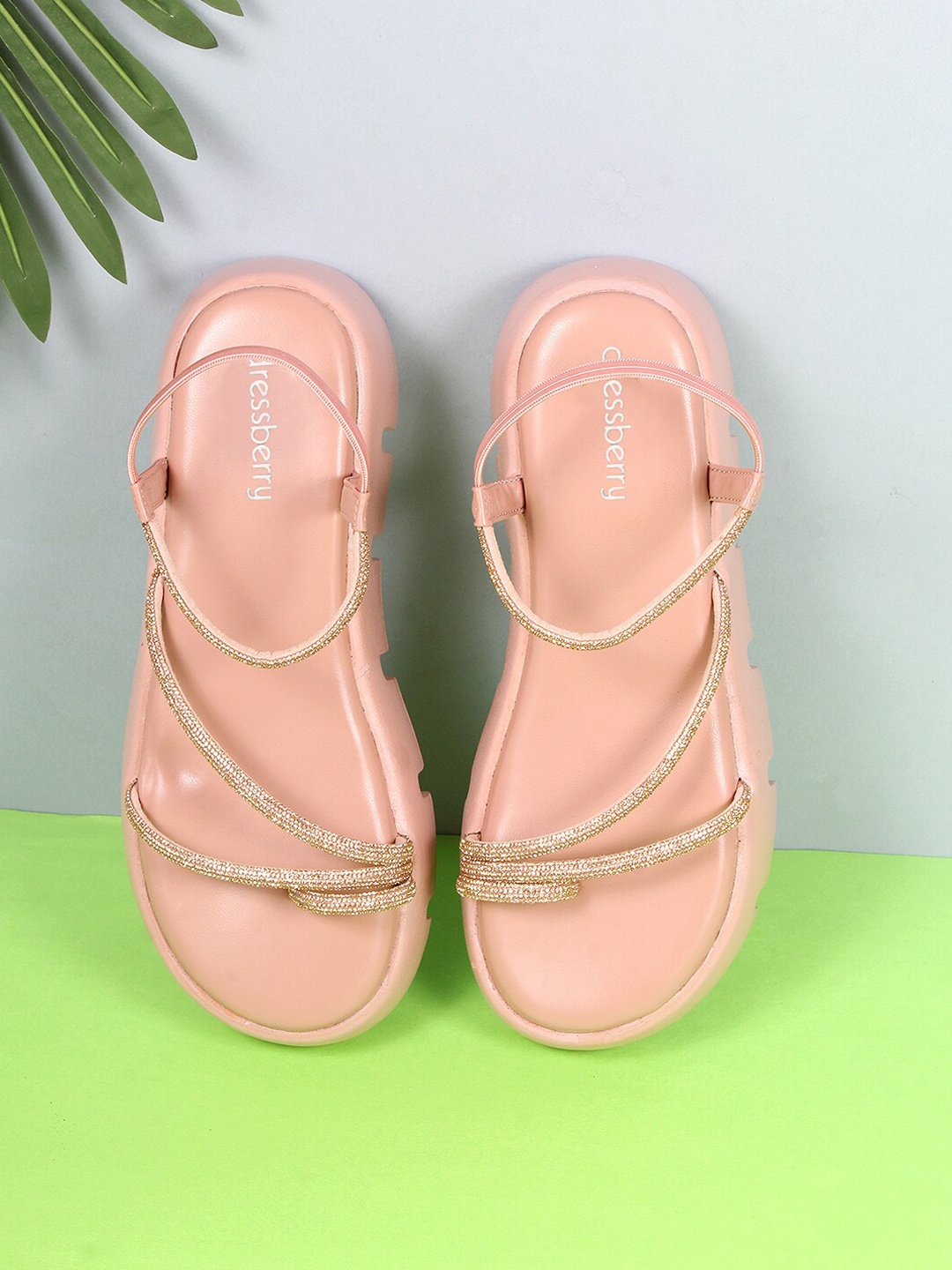 

DressBerry Nude-Coloured Embellished Open Toe Flatform Heels With Backstrap