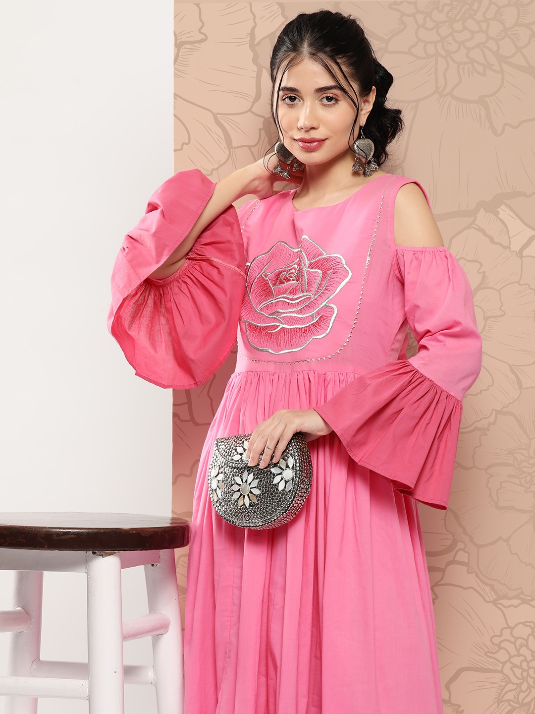 

Yufta Floral Embroidered Bell Sleeve Maxi Dress, Pink