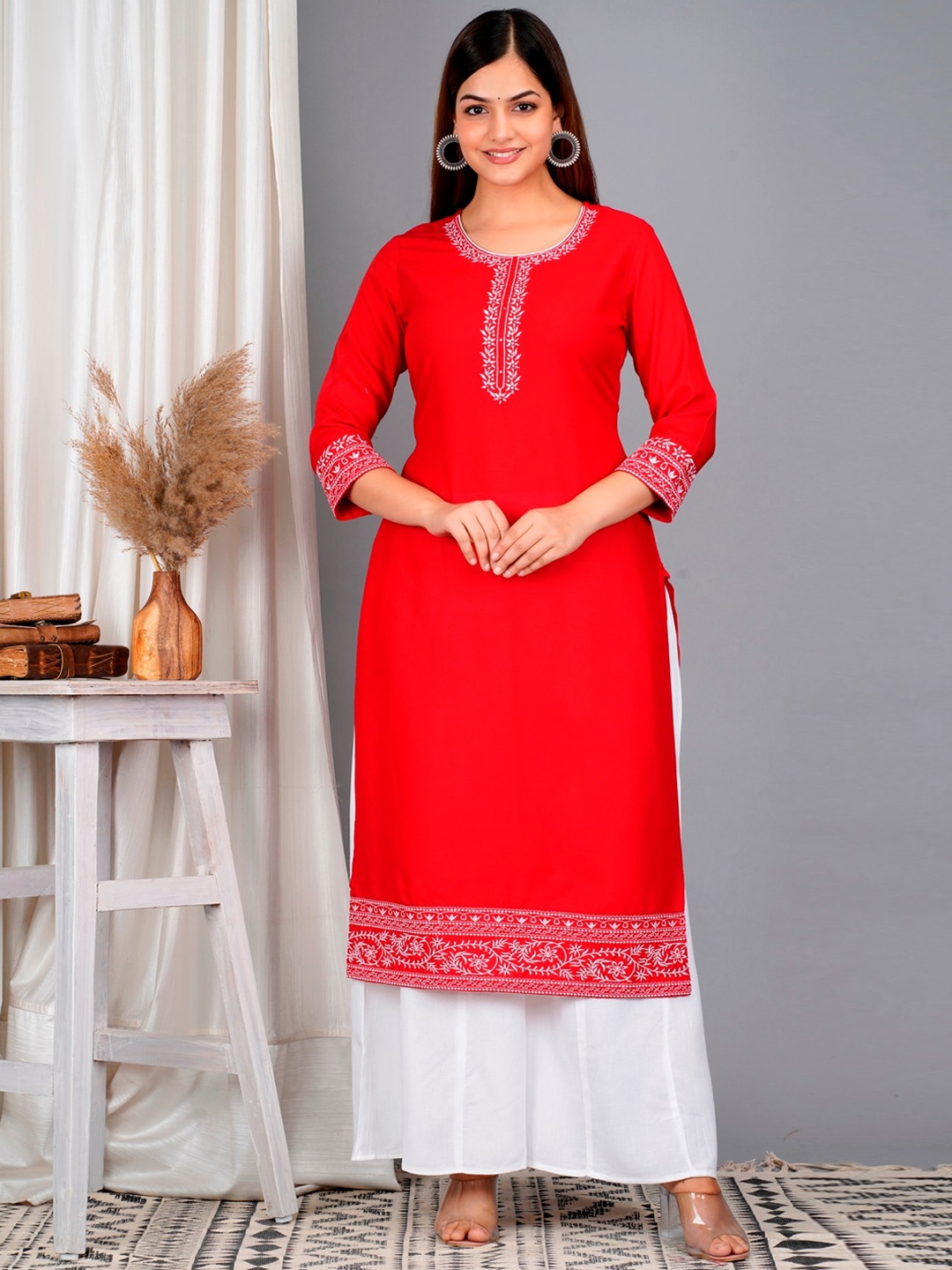 

SkyaSia Ethnic Motif Yoke Design Mirror Work Kurta With Palazzos, Red