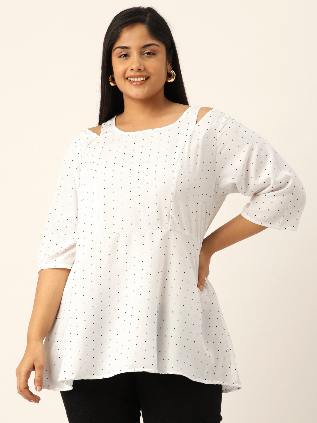 

theRebelinme Cut-Out Detail Polka Dot Print Monochrome Longline Top, White