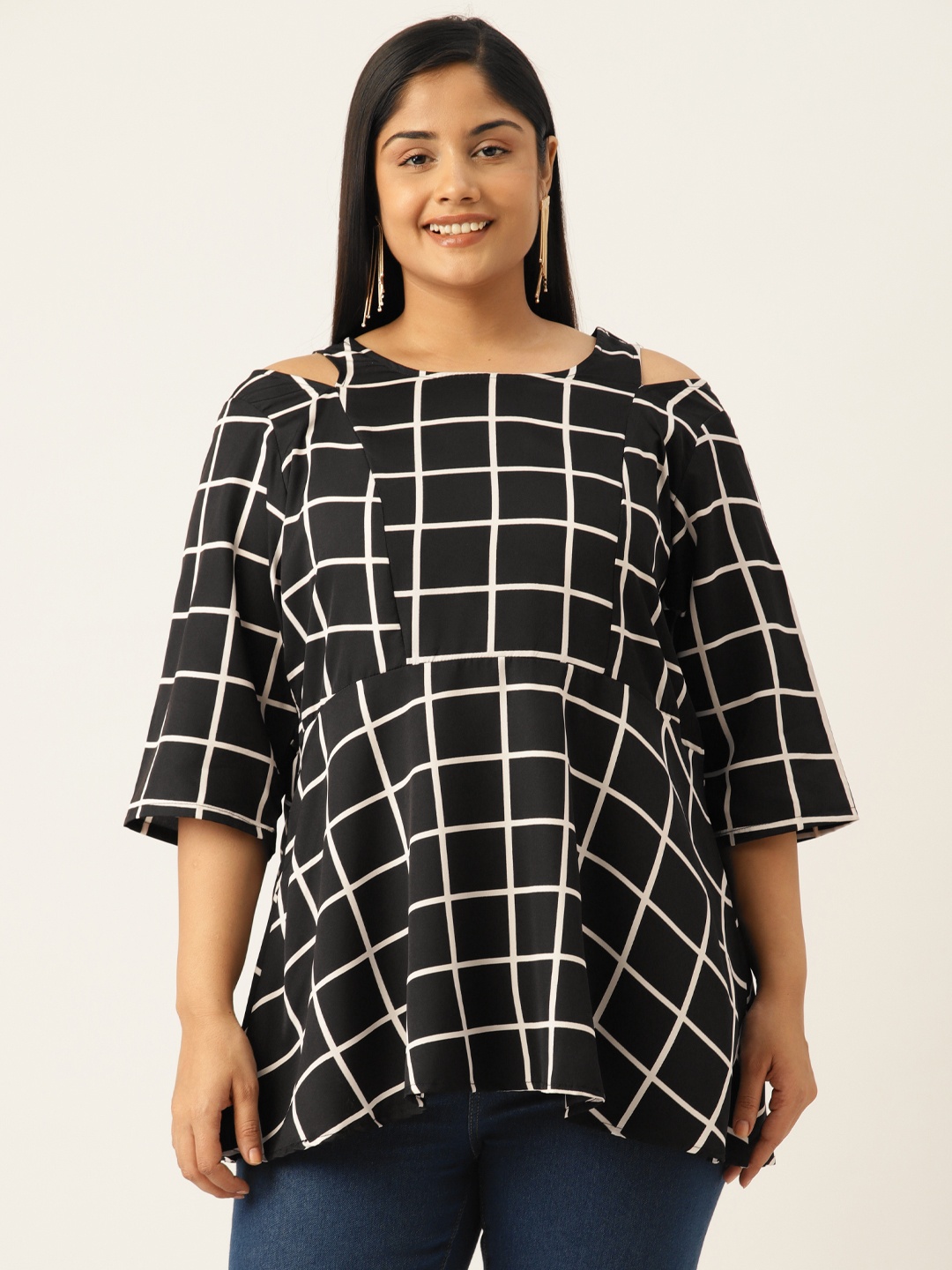 

theRebelinme Cut-Out Detail Checked Monochrome Peplum Longline Top, Black