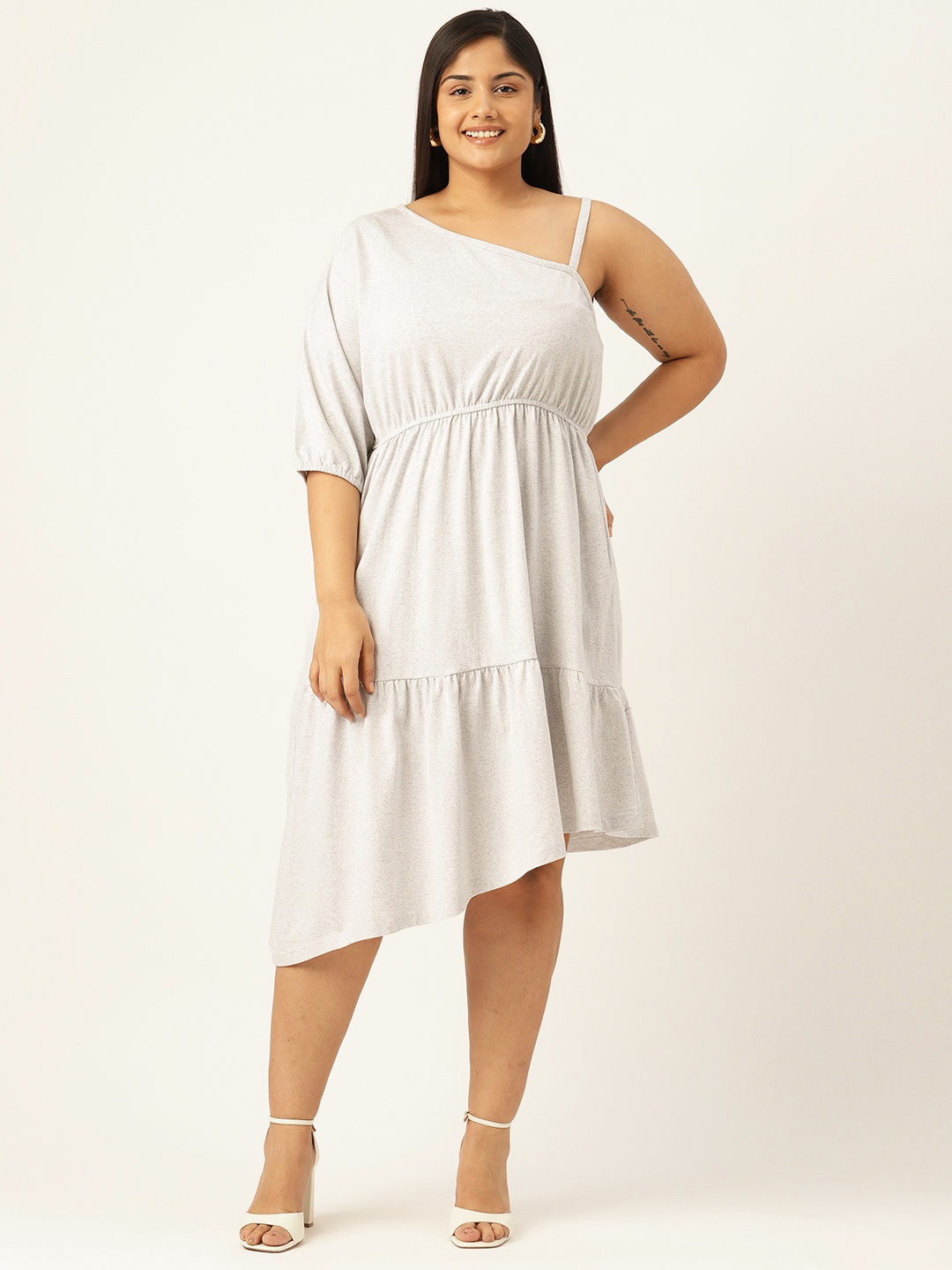 

theRebelinme One Shoulder Fit & Flare Dress, Grey