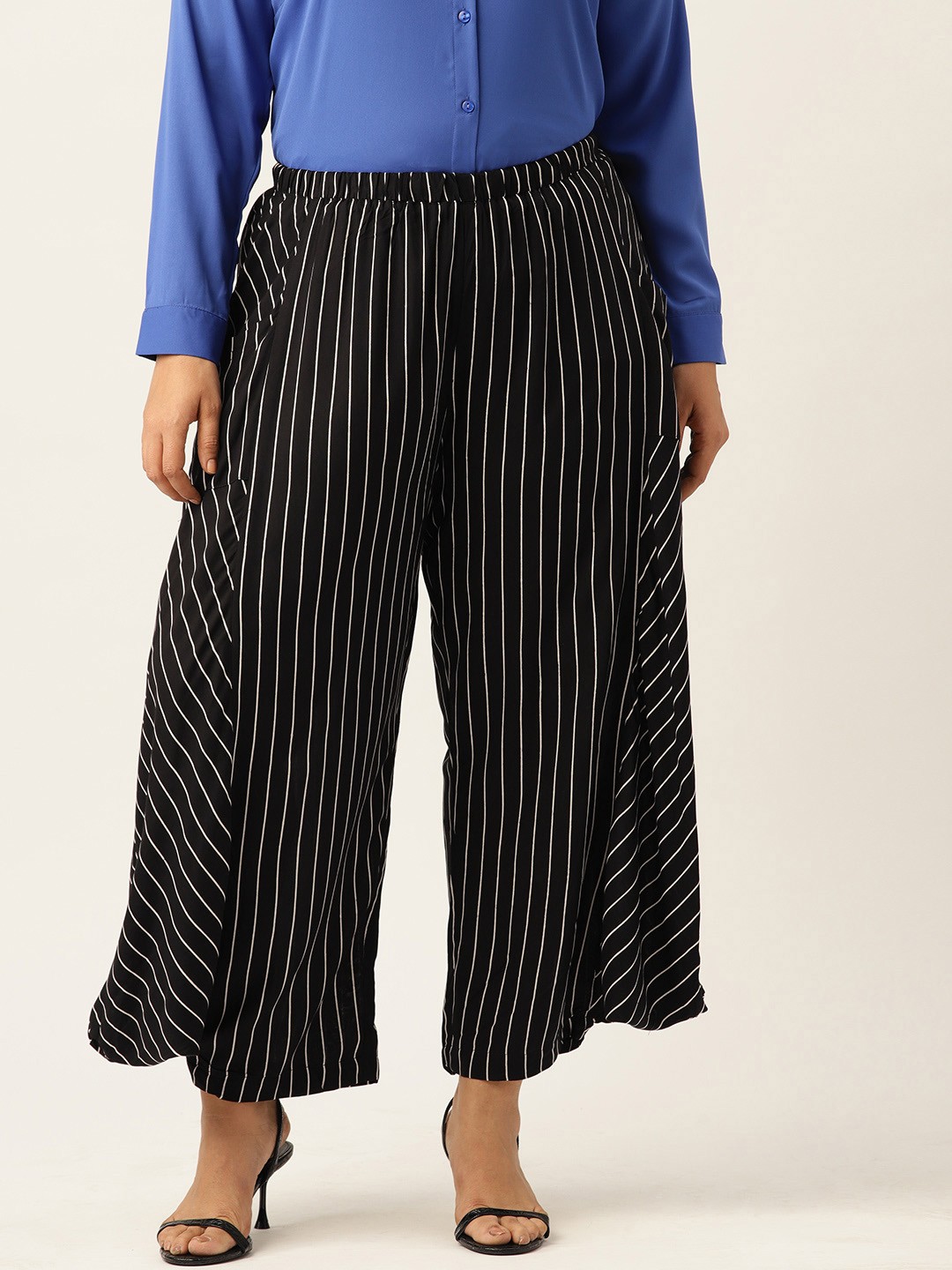 

theRebelinme Women Striped Loose Fit High-Rise Pleated Trousers, Black