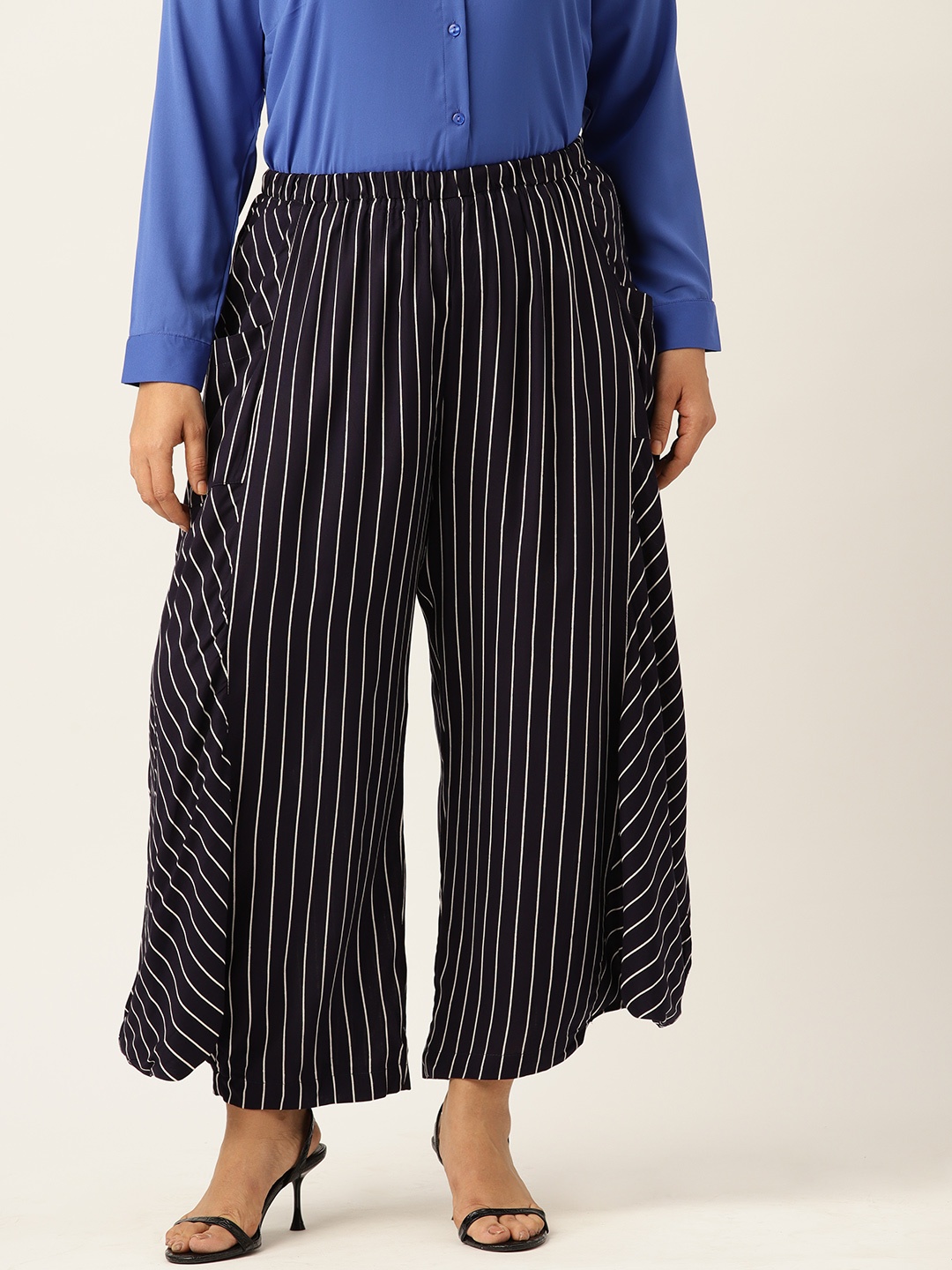 

theRebelinme Women Striped Loose Fit High-Rise Pleated Trousers, Navy blue