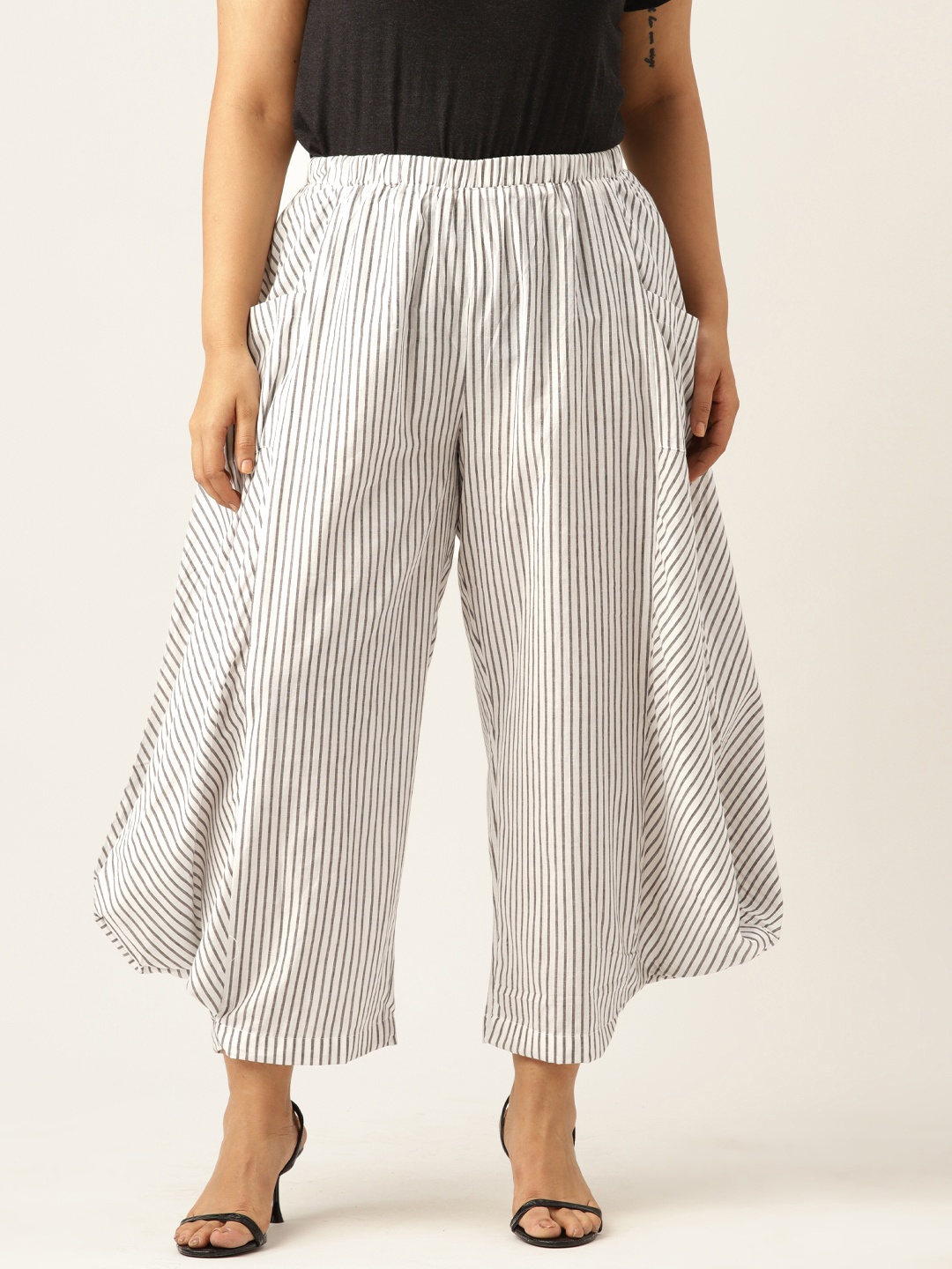 

theRebelinme Women Cotton Striped Loose Fit High-Rise Pleated Trousers, Grey