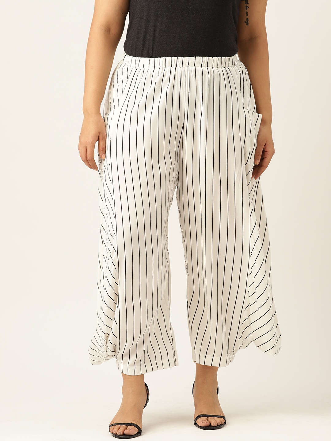 

theRebelinme Women Striped Loose Fit High-Rise Pleated Trousers, White