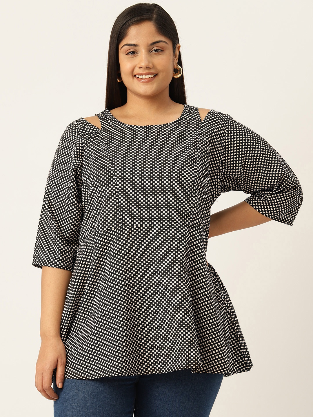 

theRebelinme Checked Cut-Out Detail Peplum Longline Top, Black