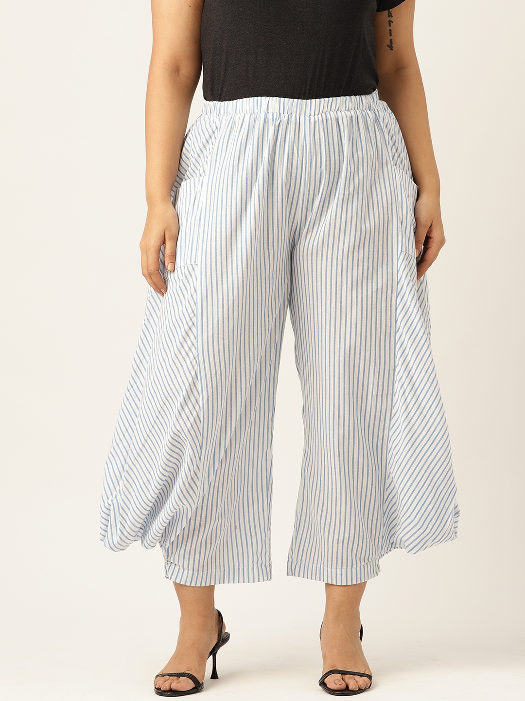 

theRebelinme Women Cotton Striped Loose Fit High-Rise Pleated Trousers, Blue