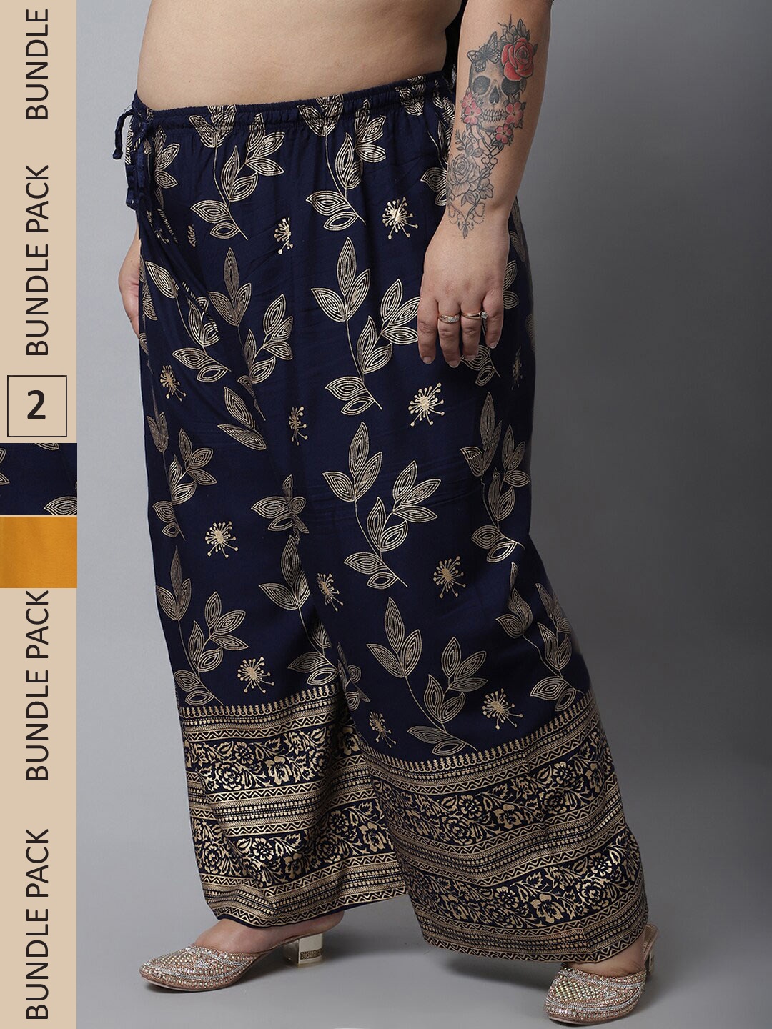 

Miaz Lifestyle Women Pack Of 2 Floral Printed Wide Leg Fit Palazzos, Navy blue