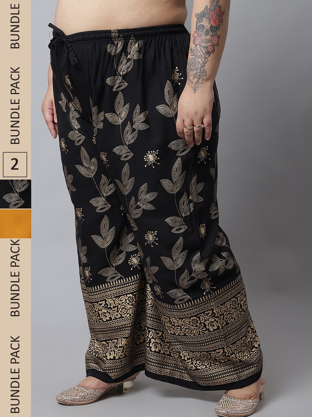 

Miaz Lifestyle Women Pack Of 2 Floral Printed Wide Leg Fit Palazzos, Black