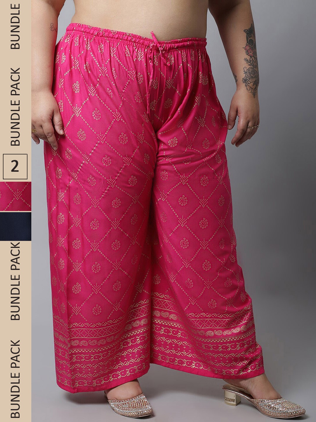 

Miaz Lifestyle Women Pack Of 2 Ethnic Motifs Printed Wide Leg Fit Palazzos, Pink