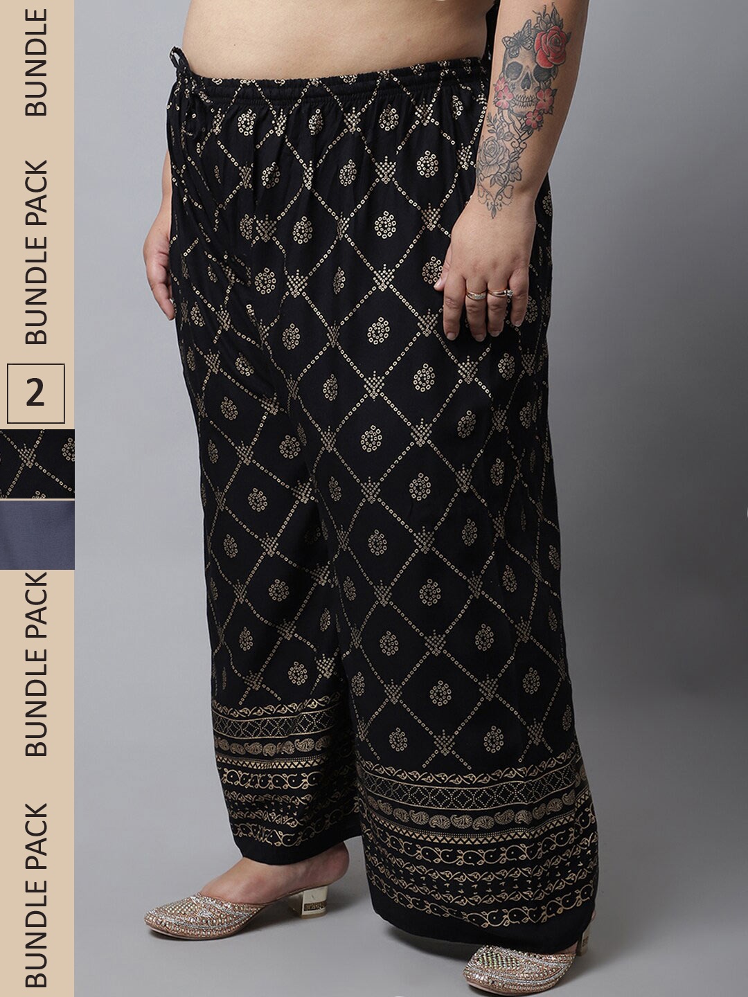 

Miaz Lifestyle Plus Size Women Pack Of 2 Ethnic Motifs Printed Palazzos, Grey