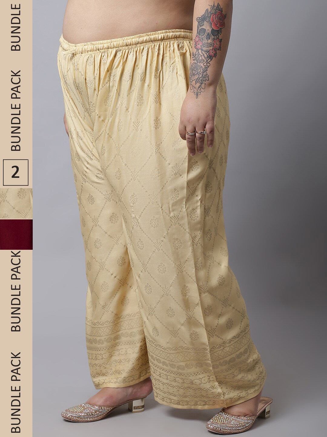 

Miaz Lifestyle Plus Size Women Pack Of 2 Ethnic Motifs Printed Palazzos, Gold