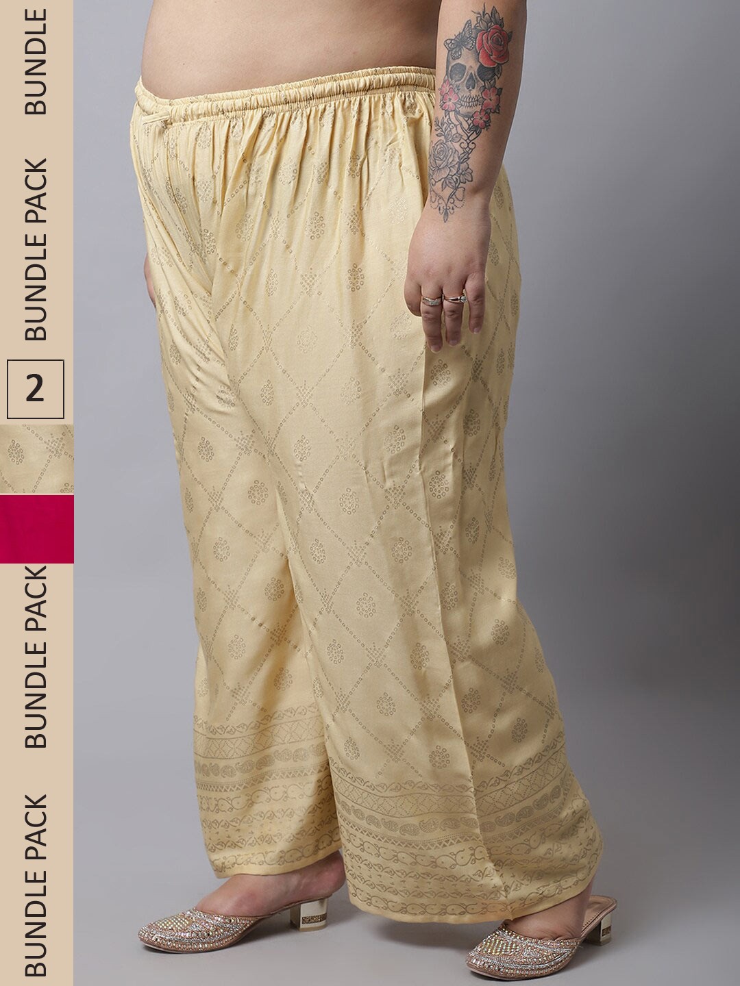 

Miaz Lifestyle Plus Size Women Pack Of 2 Ethnic Motifs Printed Palazzos, Gold