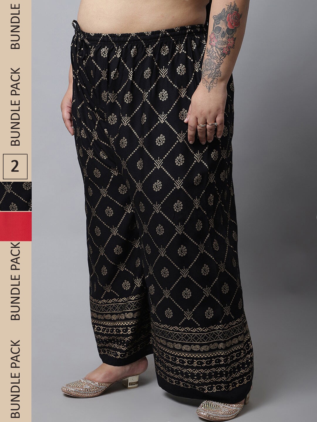 

Miaz Lifestyle Plus Size Women Pack Of 2 Ethnic Motifs Printed Palazzos, Black