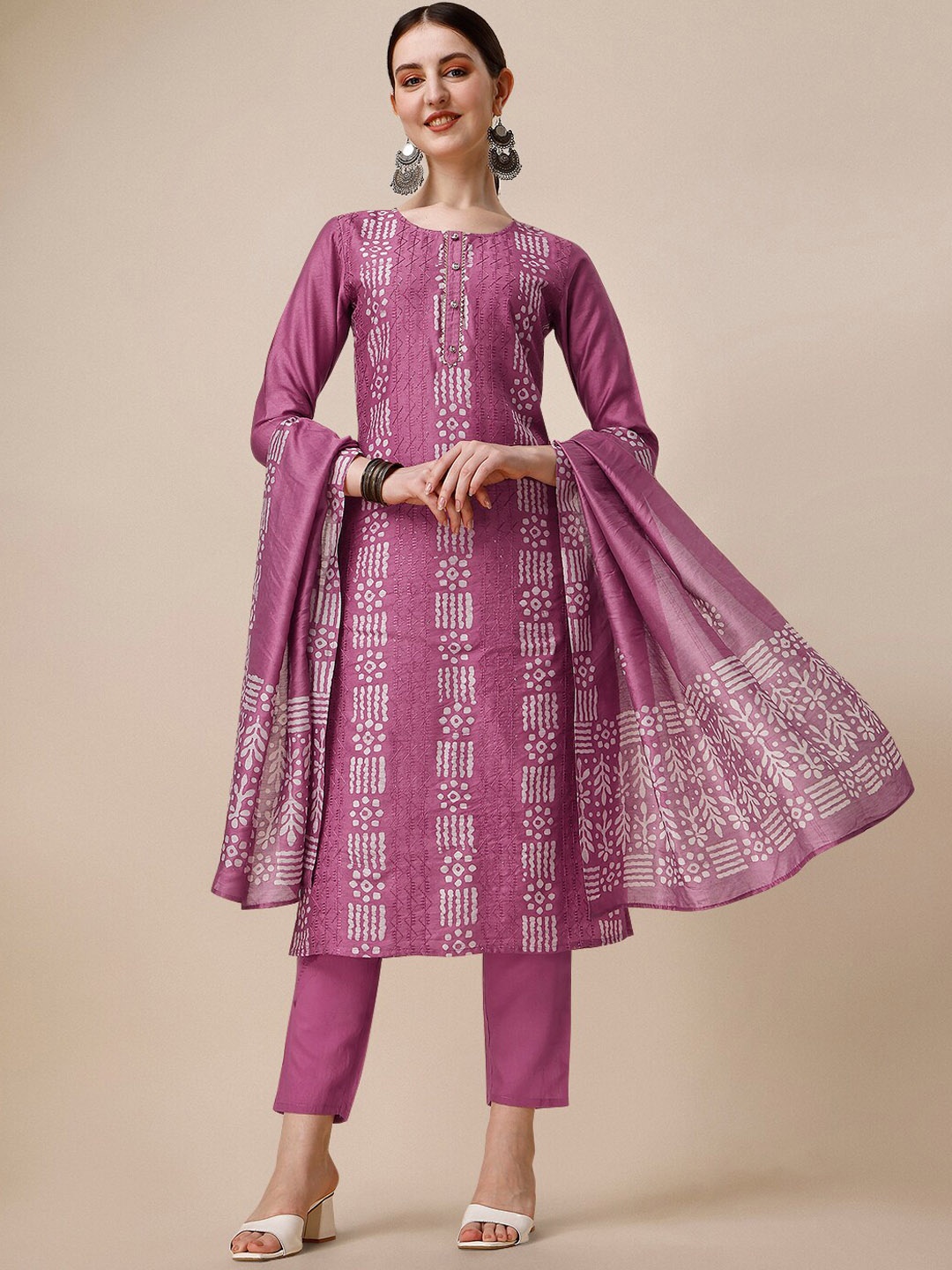 

Berrylicious Ethnic Motifs Printed Chanderi Cotton Kurta With Trousers & Dupatta, Lavender