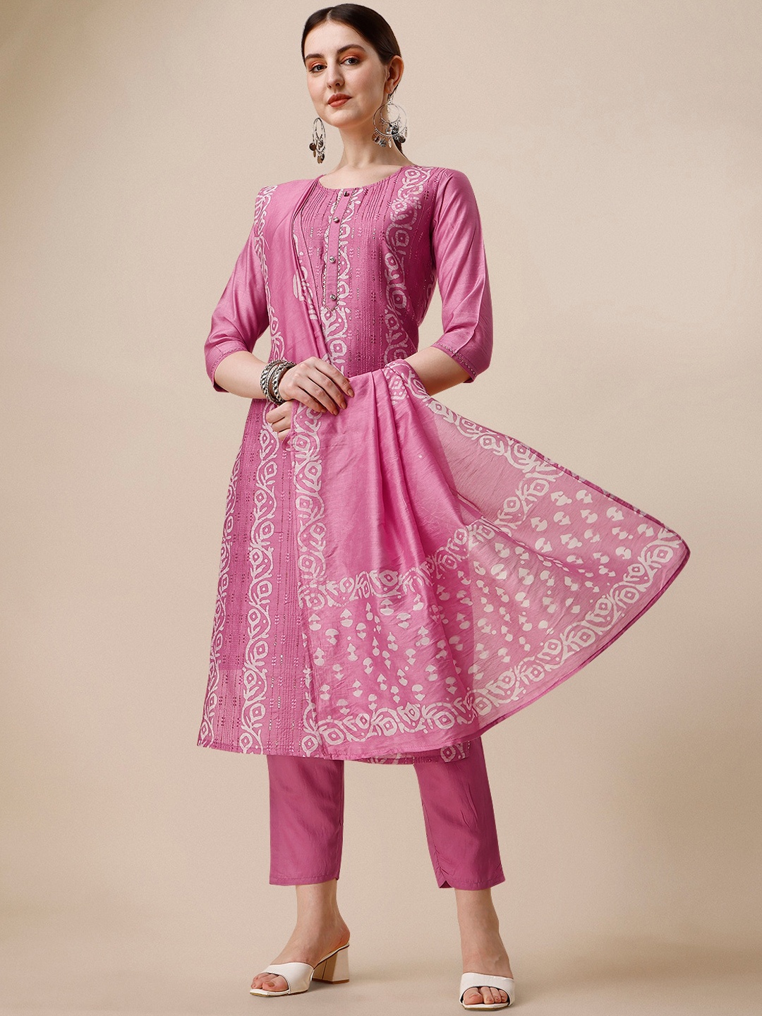 

Berrylicious Ethnic Motifs Batik Printed Chanderi Cotton Kurta With Trousers & Dupatta, Pink