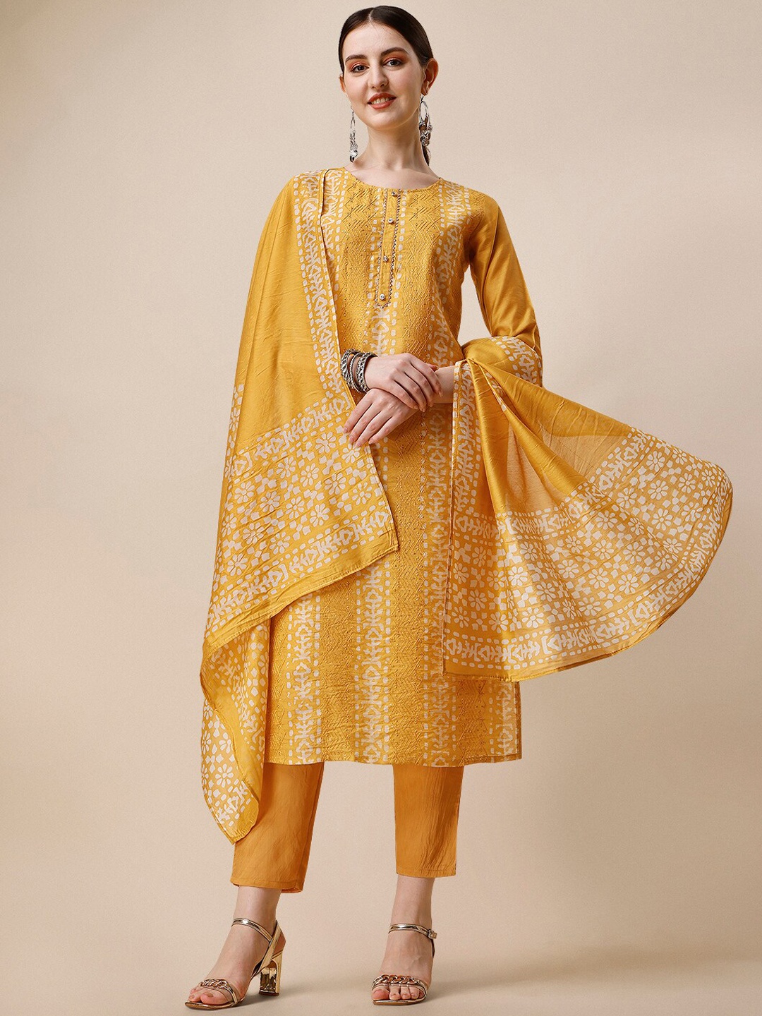 

Berrylicious Ethnic Motifs Batik Printed Chanderi Cotton Kurta With Trousers & Dupatta, Yellow