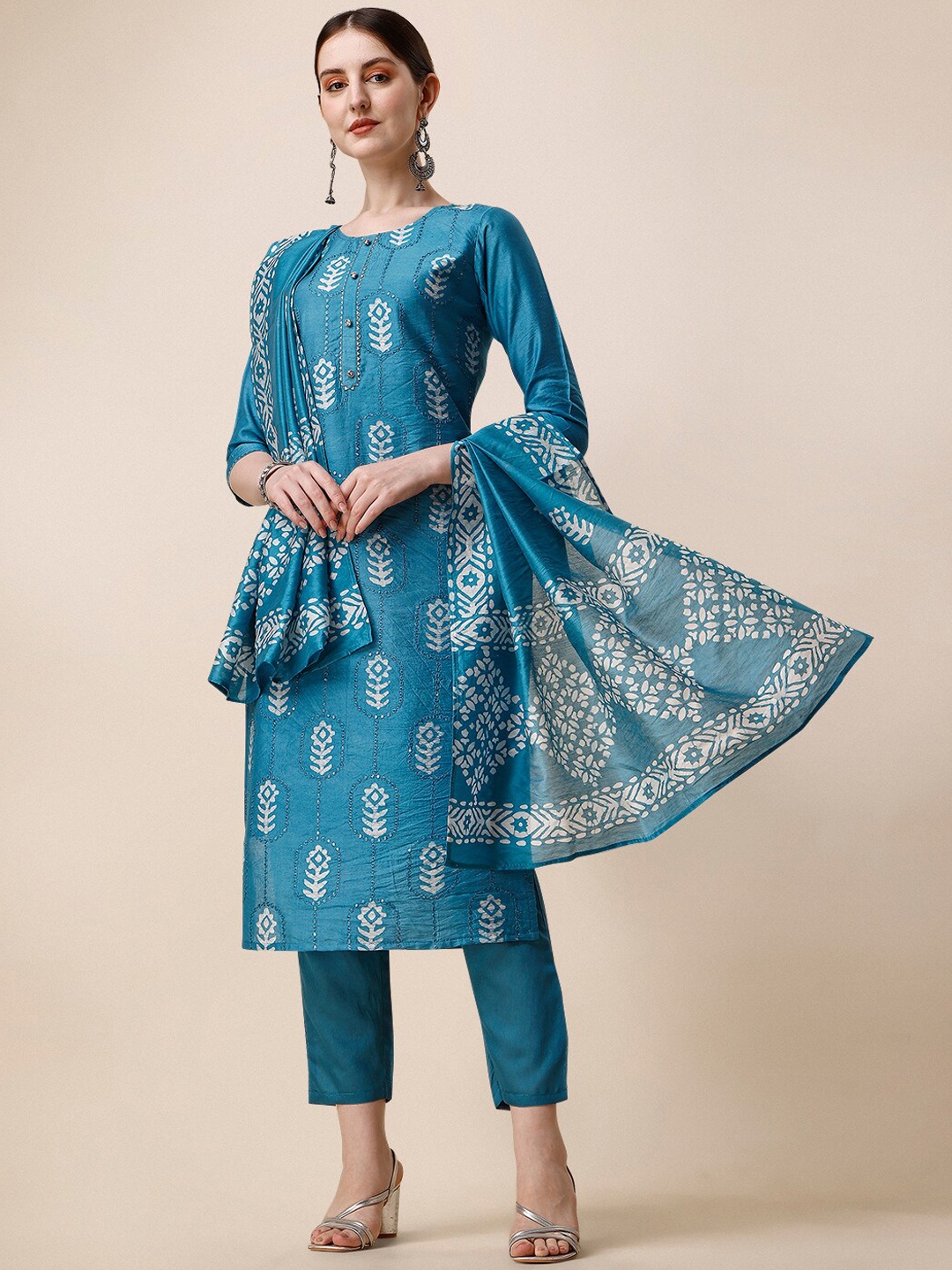 

Berrylicious Ethnic Motifs Printed Chanderi Cotton Kurta With Trousers & Dupatta, Blue