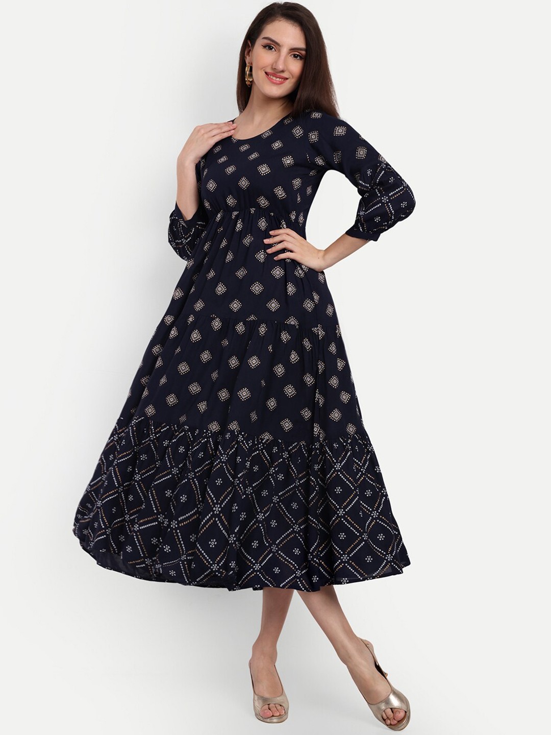 

KASHEEDA Printed Fit & Flare Midi Ethnic Dress, Navy blue