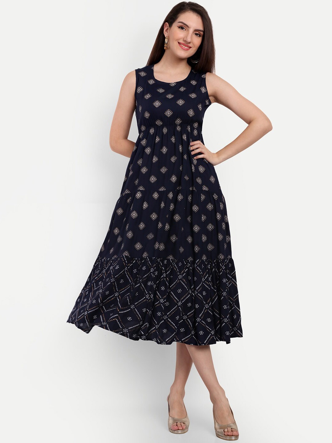

KASHEEDA Printed Fit & Flare Midi Ethnic Dress, Navy blue