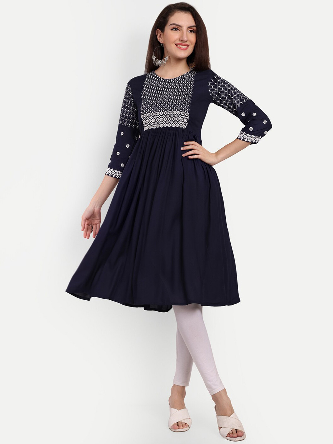 

KASHEEDA Ethnic Motif Yoke Design Thread Work Anarkali Kurta, Navy blue