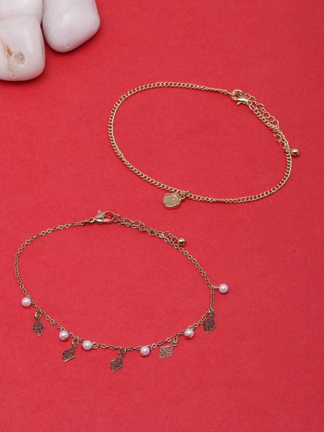 

DressBerry Set Of 2 Gold-Plated Beaded Anklets