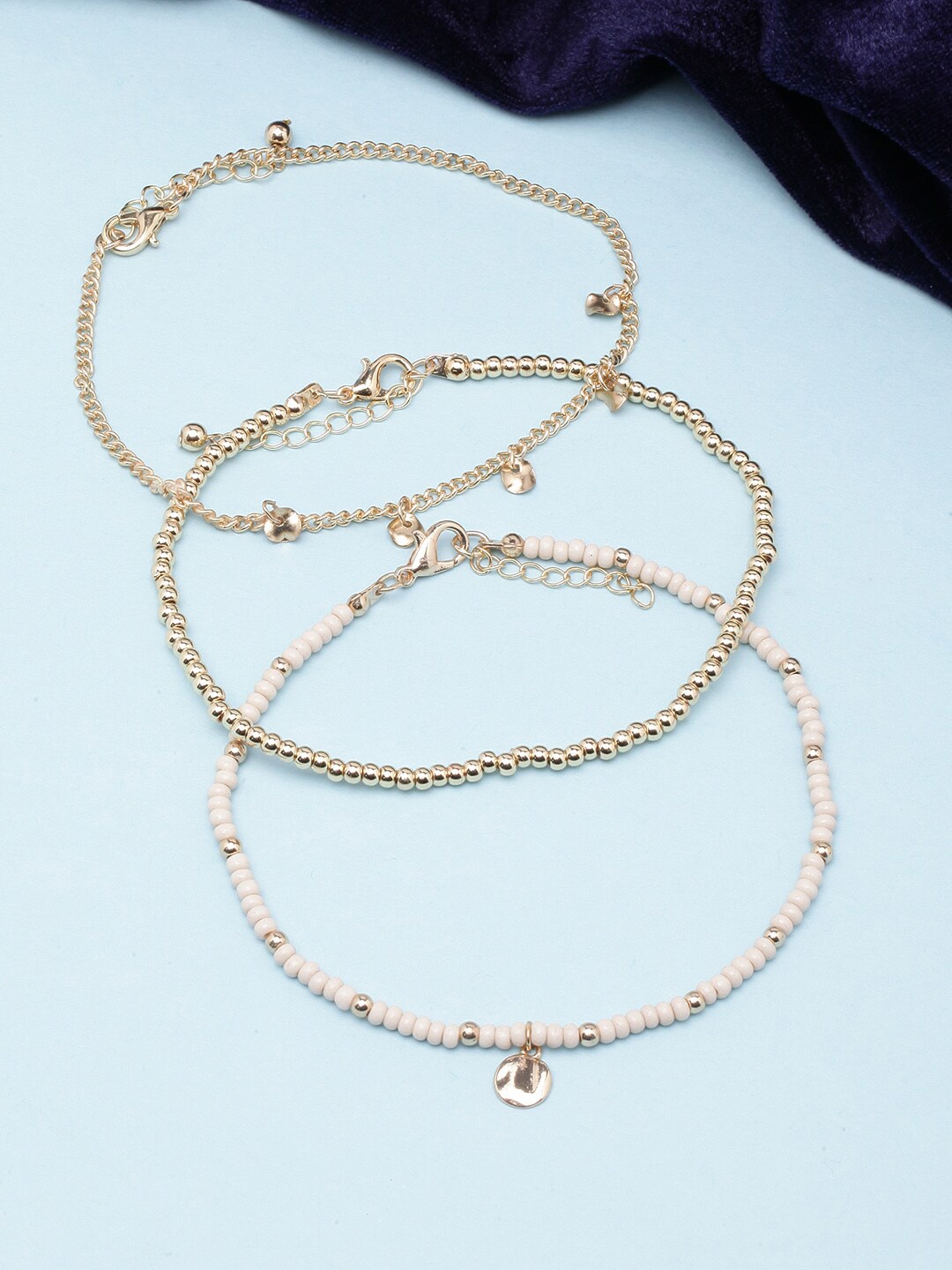 

DressBerry Set Of 3 Gold-Plated Beaded Anklets