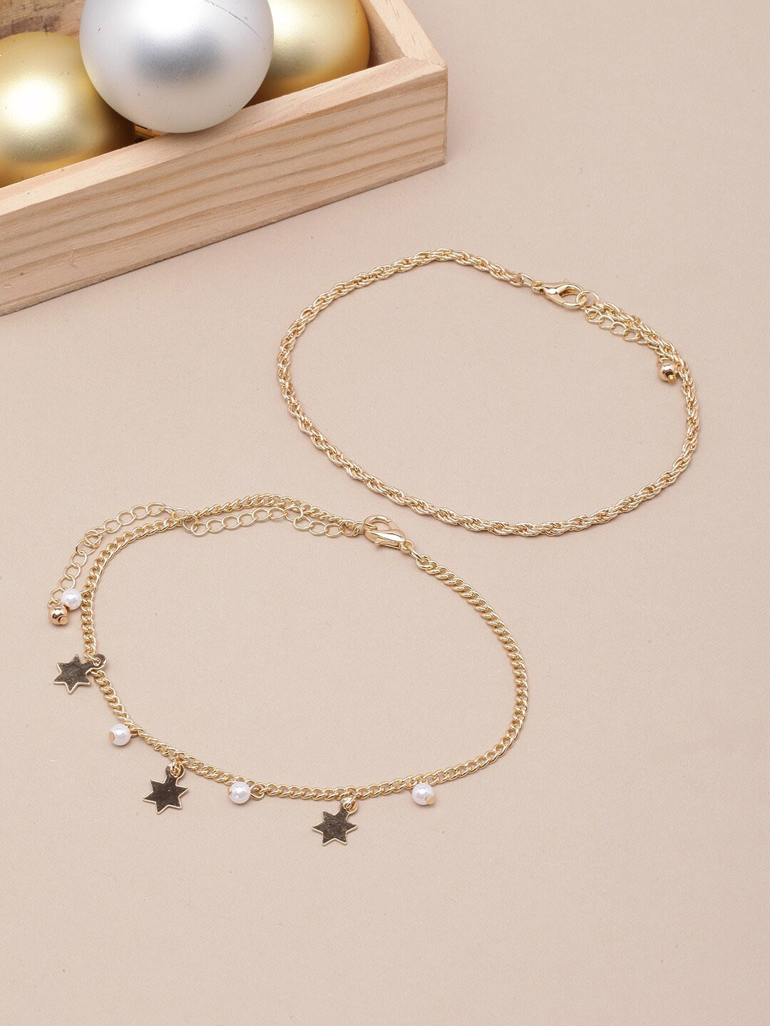 

DressBerry Set Of 2 Gold-Plated Beaded Anklets