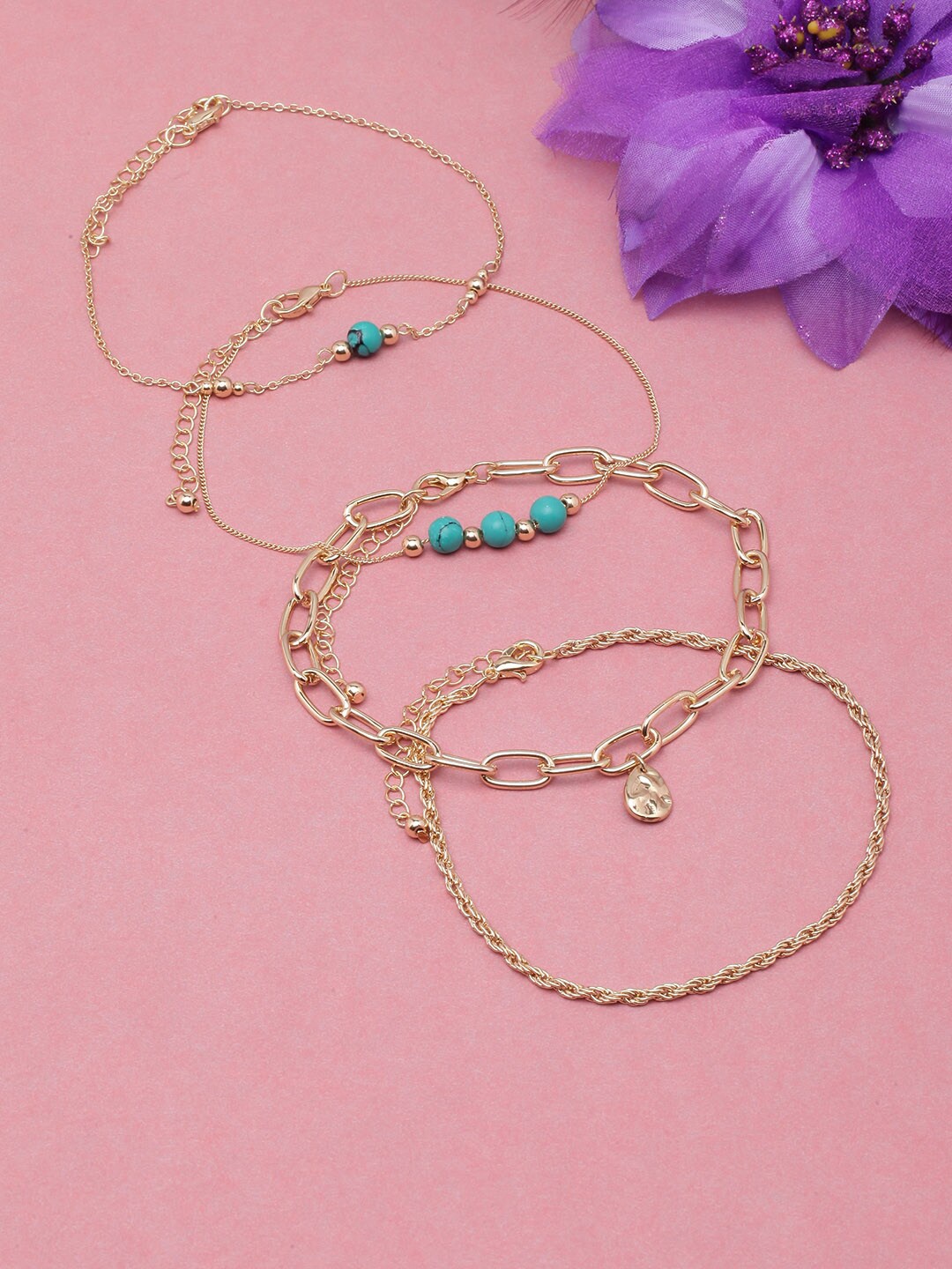 

DressBerry Set Of 4 Gold-Plated Beaded Anklets