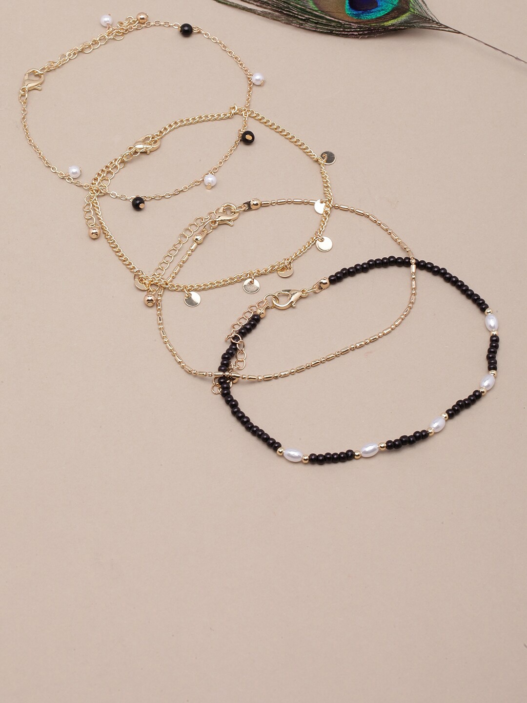 

DressBerry Set Of 4 Gold-Plated Beaded Anklets
