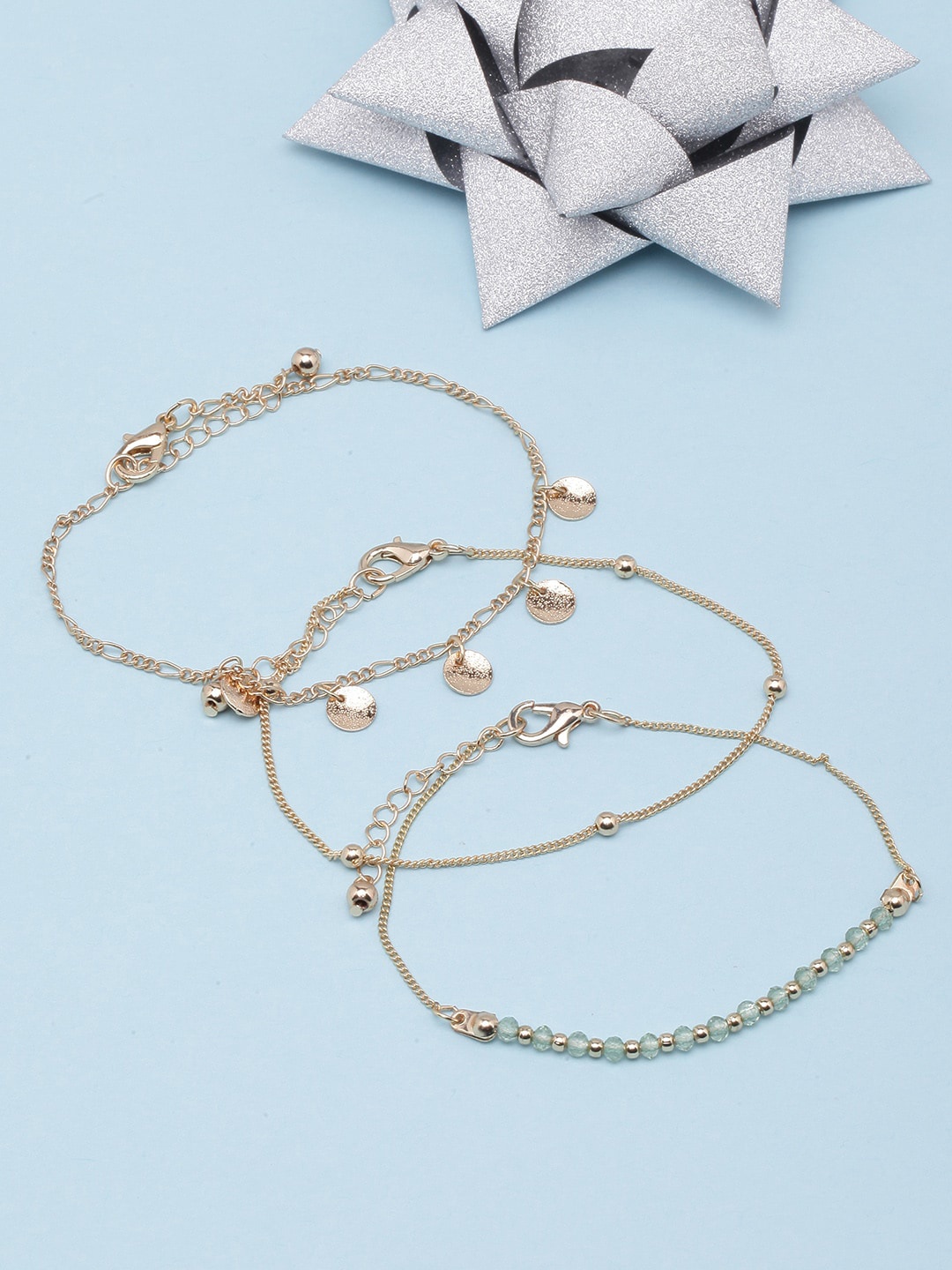 

DressBerry Set Of 3 Gold-Plated Beaded Anklets